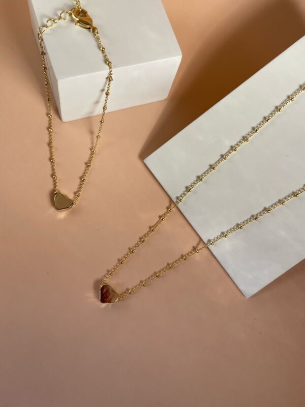 Kit de Colar e Pulseira - Coração Liso - Banho Dourado